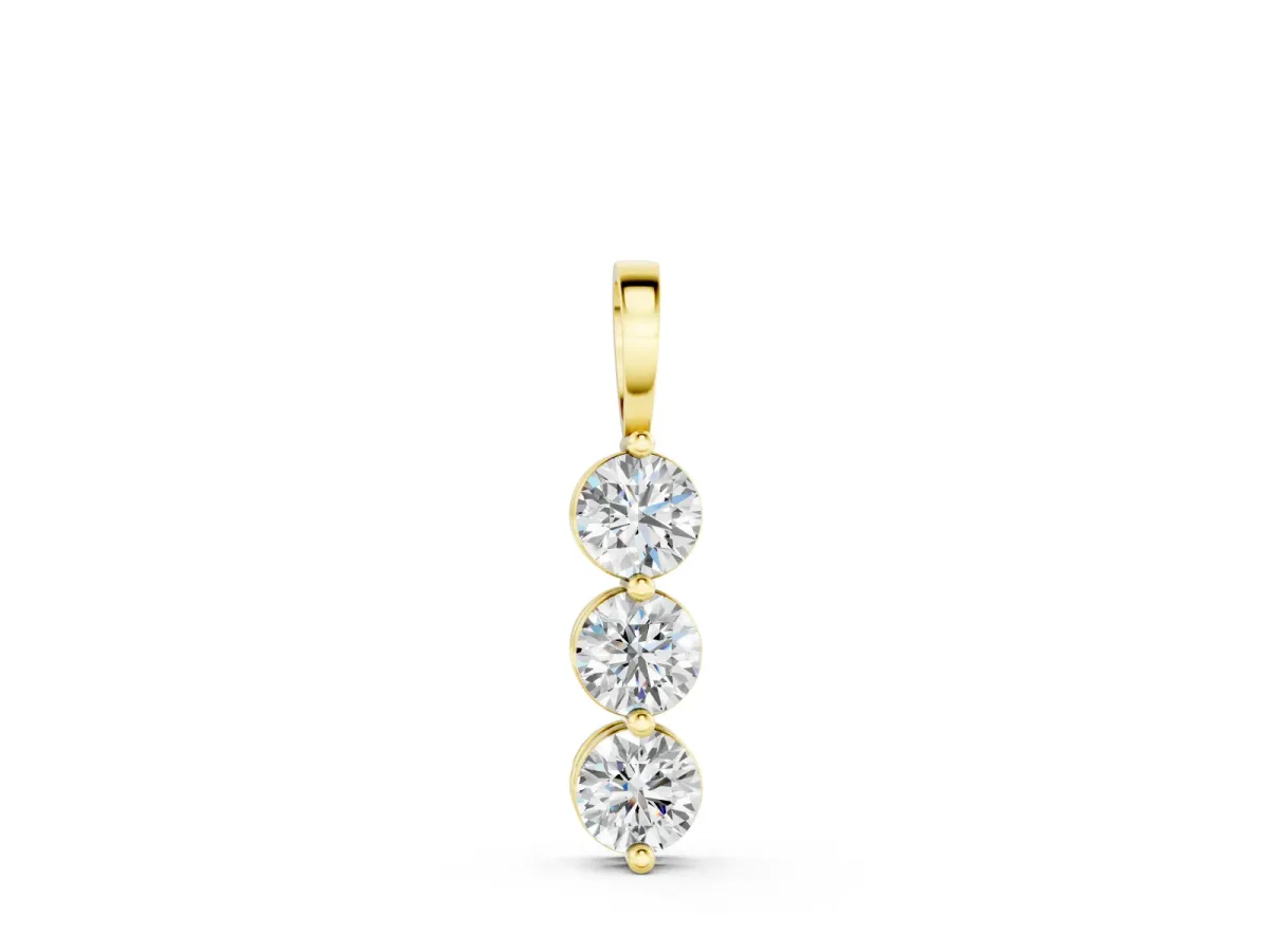Three-Stone Round Diamond Drop Pendant Set in Yellow gold with Four-Prong Setting