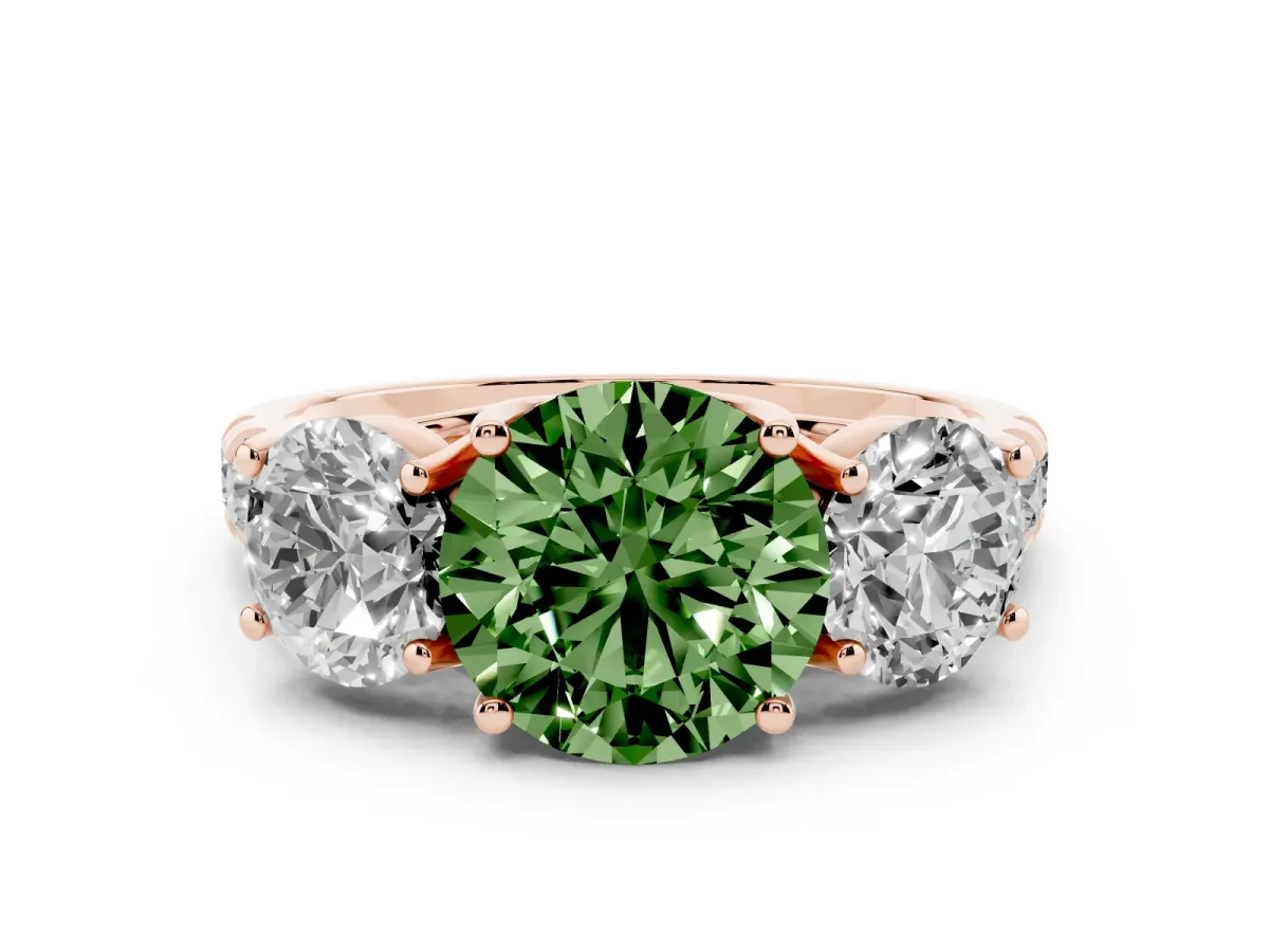 Fancy Green Round Cut Diamond Three-Stone Ring Set in Rose gold with Pavé Band