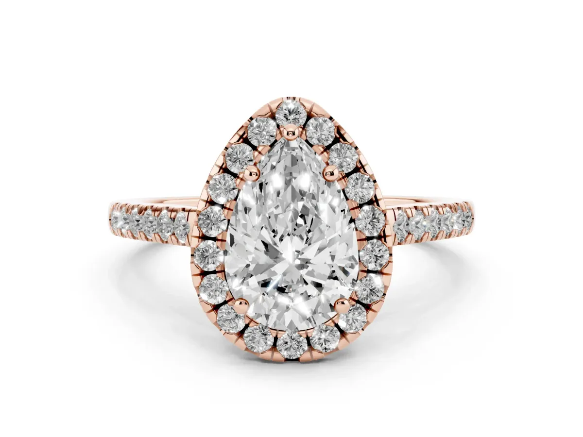 Pear Cut Diamond Pavé Halo Engagement Ring Set in Rose gold with Pavé Band and Prong Setting