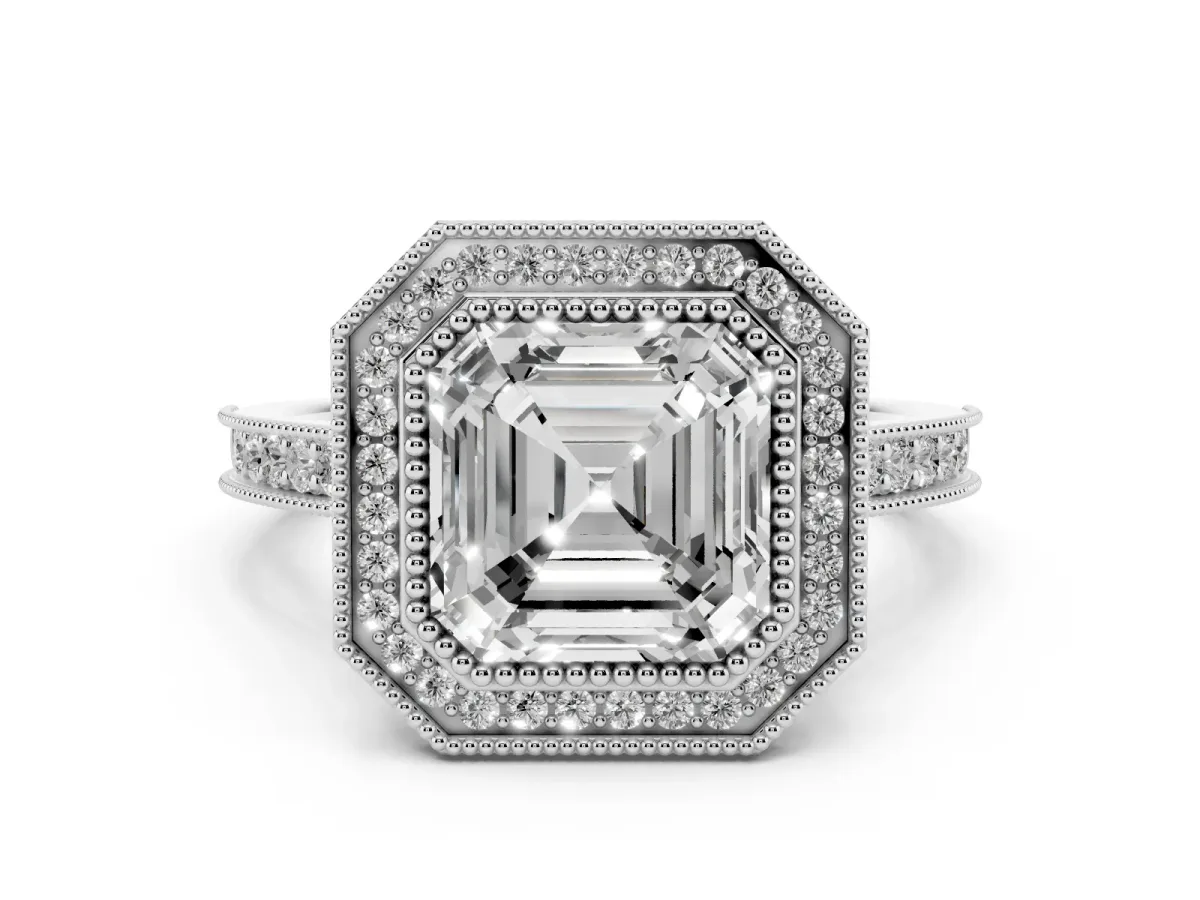 Asscher Cut Diamond Halo Milgrain Pavé Band Ring Set in White gold with Prong Setting