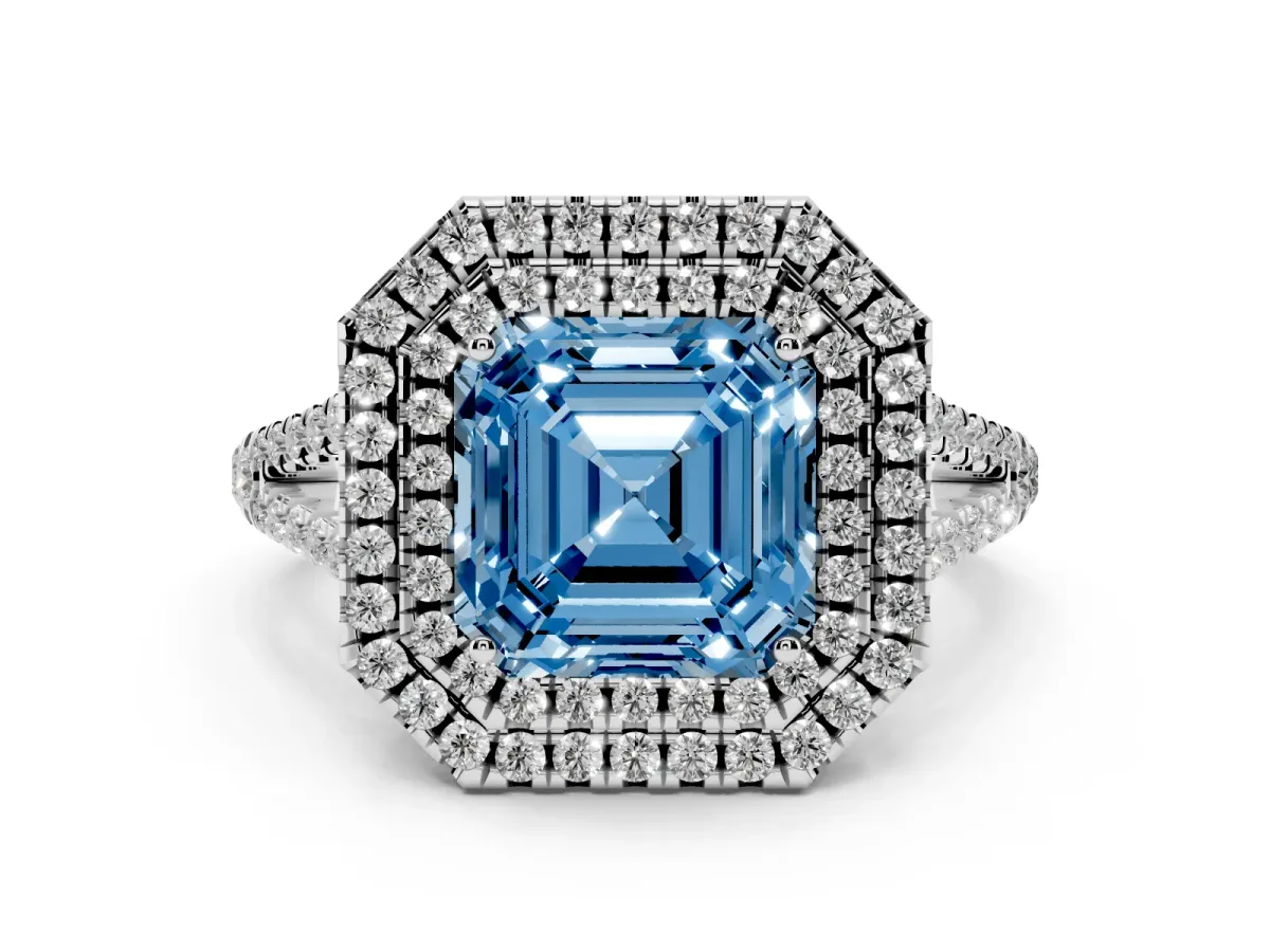 Fancy Blue Asscher Cut Diamond Double Halo Ring Set in Silver with Pavé Band