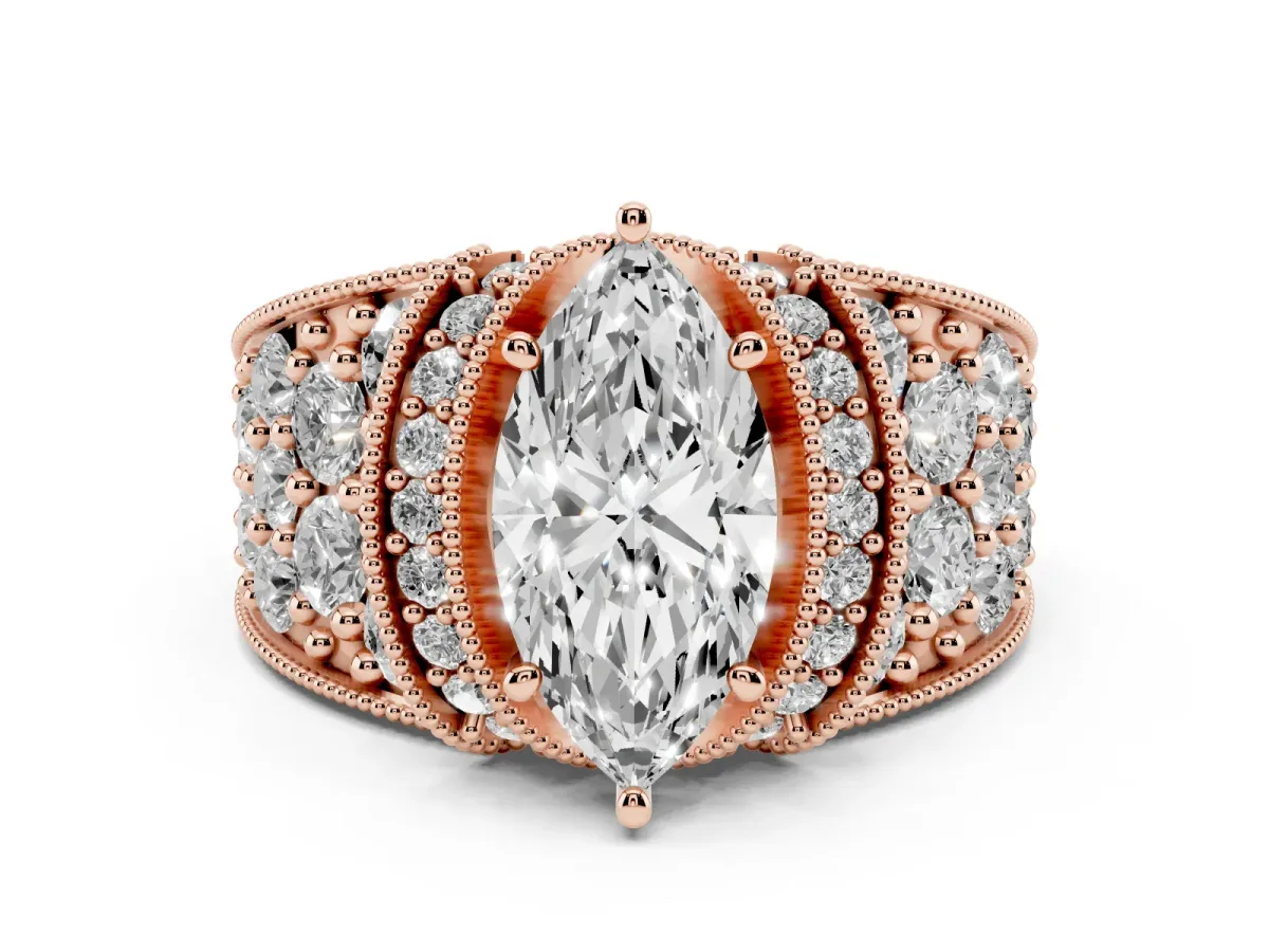Marquise Cut Diamond Milgrain Halo Pavé Engagement Ring Set in Rose gold with Prong Setting