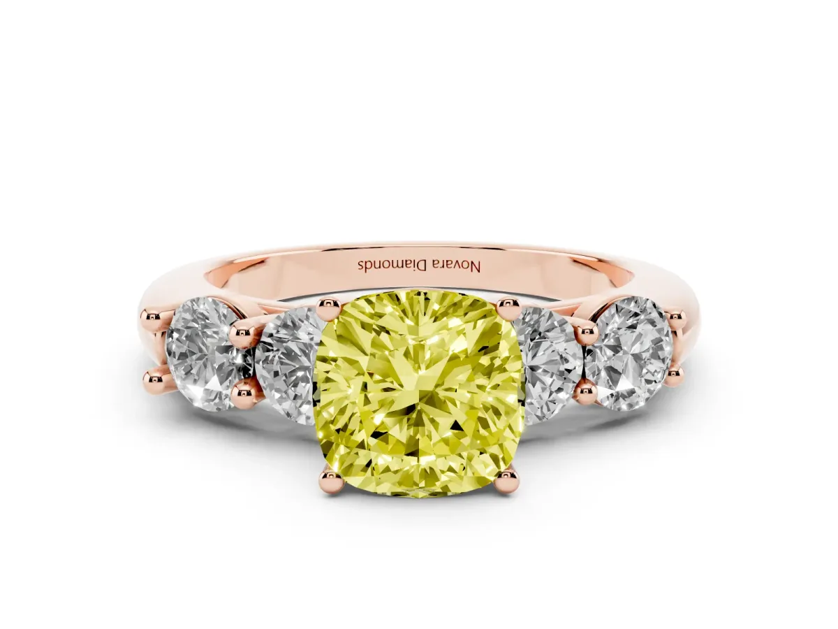 Fancy Yellow Cushion Cut Diamond Five-Stone Prong Set Ring Set in Rose gold with Classic Band