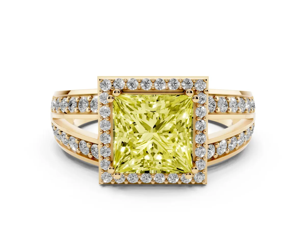 Fancy Yellow Princess Cut Diamond Halo Ring Set in Yellow gold with Double Pavé Split Shank