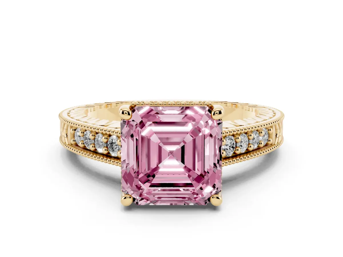 Fancy Pink Asscher Cut Diamond Solitaire Pavé Milgrain Engagement Ring Set in Yellow gold with Prong Setting
