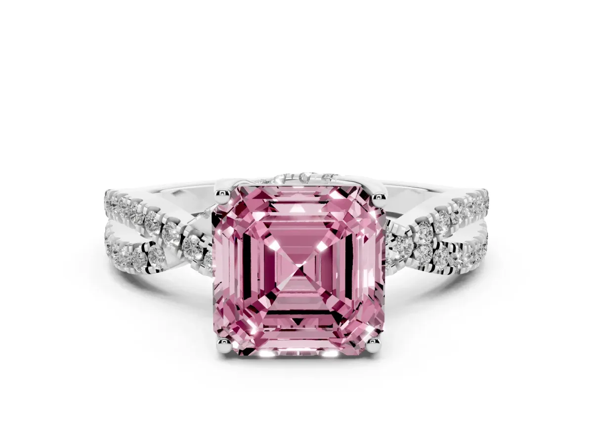 Fancy Pink Asscher Cut Diamond Twist Pavé Solitaire Engagement Ring Set in White gold with Prong Setting