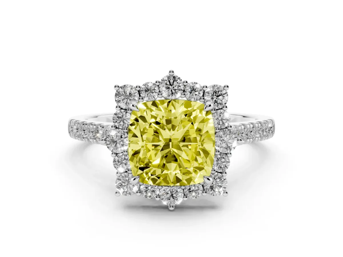 Fancy Yellow Cushion Cut Diamond Halo Ring Set in Platinum with Pavé Band and Prong Setting