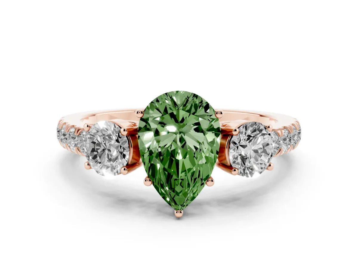 Fancy Green Pear Cut Diamond Three-Stone Ring Set in Rose gold with Round Side Stones and Delicate Pavé Band