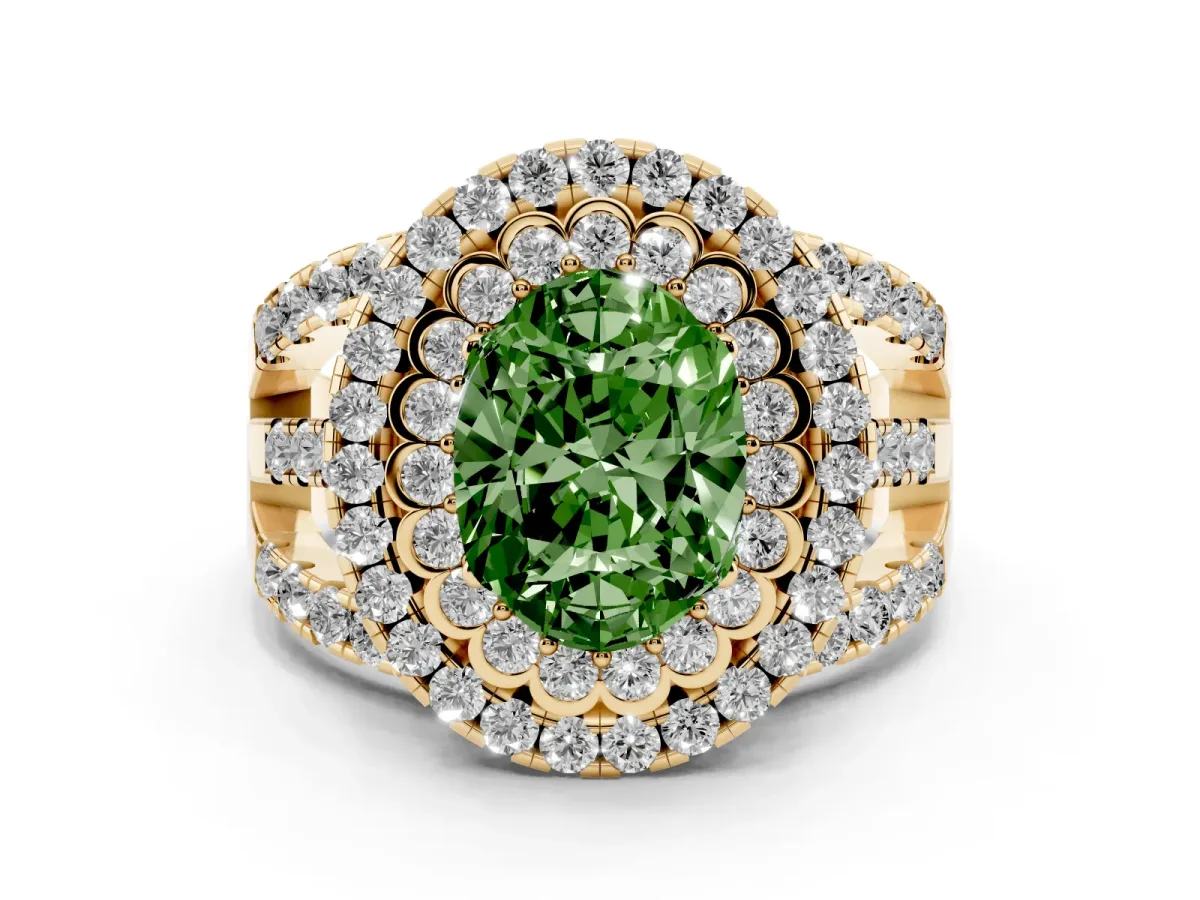 Fancy Green Oval Cut Diamond Double Halo Ring Set in Yellow gold with Round Pavé Split Shank