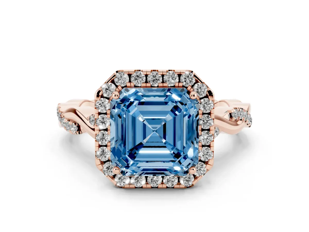 Fancy Blue Asscher Cut Diamond Halo Twist Band Solitaire Ring Set in Rose gold with Prong Setting