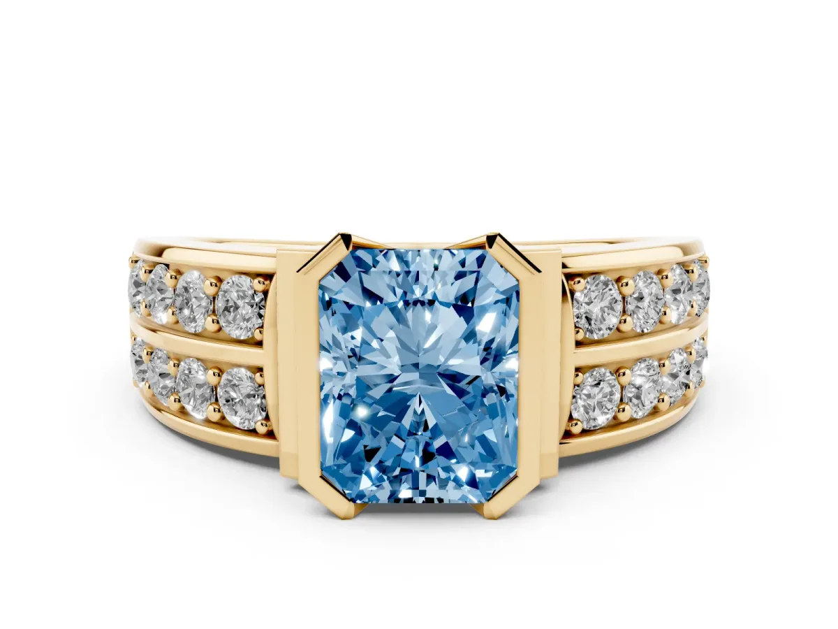 Fancy Blue Radiant Cut Diamond Wide Channel Set Band Ring Set in Yellow gold with Bezel Setting