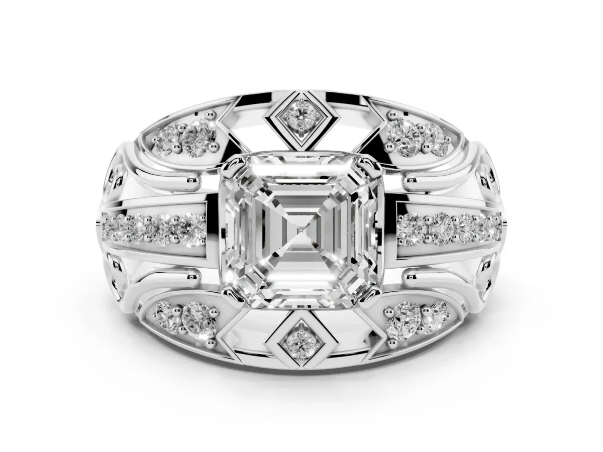 Asscher Cut Diamond Art Deco Ring Set in White gold with Pavé Split Shank