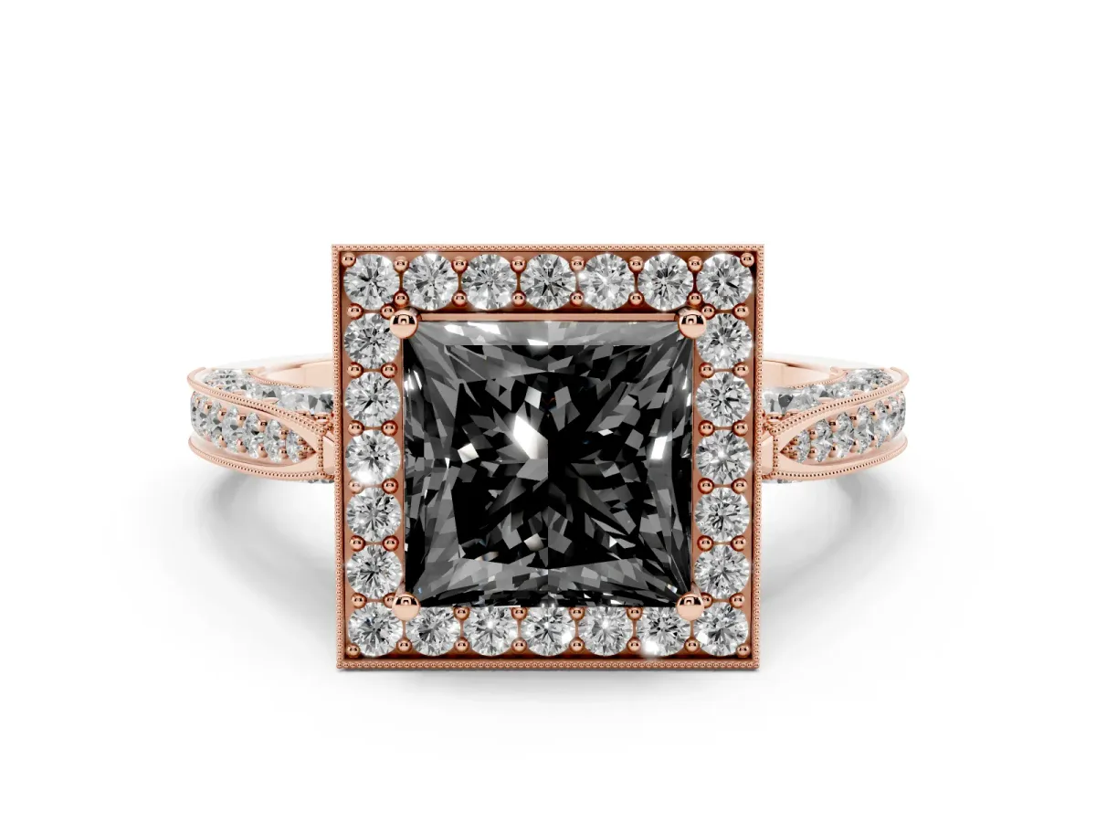 Fancy Black Princess Cut Diamond Halo Engagement Ring Set in Rose gold with Accent Split Shank Band