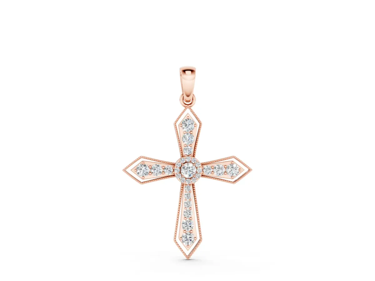 Round Diamond Milgrain Cross Pendant Set in Rose gold with Bezel-Set Stones