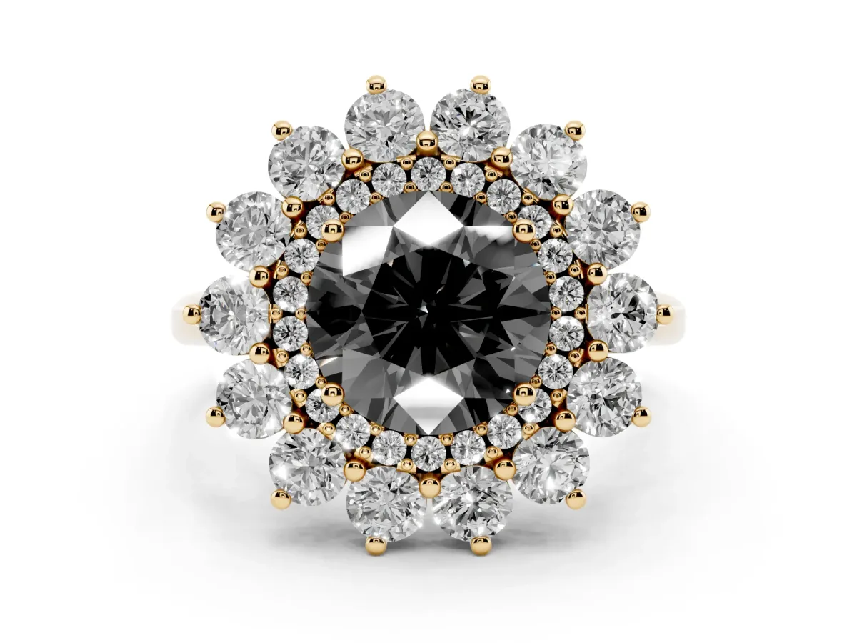 Fancy Black Round Cut Diamond Floral Double Halo Ring Set in Yellow gold with Round Petals