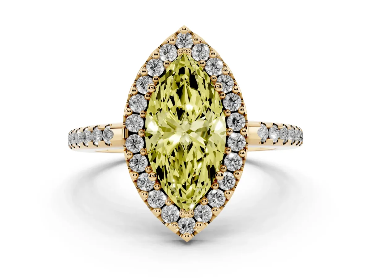 Fancy Yellow Marquise Cut Diamond Pavé Halo Ring Set in Yellow gold with Prong Setting