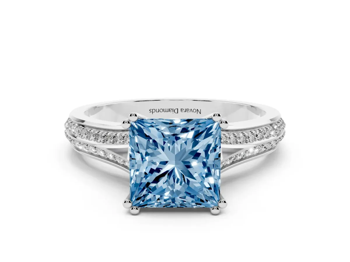 Fancy Blue Princess Cut Diamond Split Shank Pavé Engagement Ring Set in Platinum with Prong-Set Center Stone