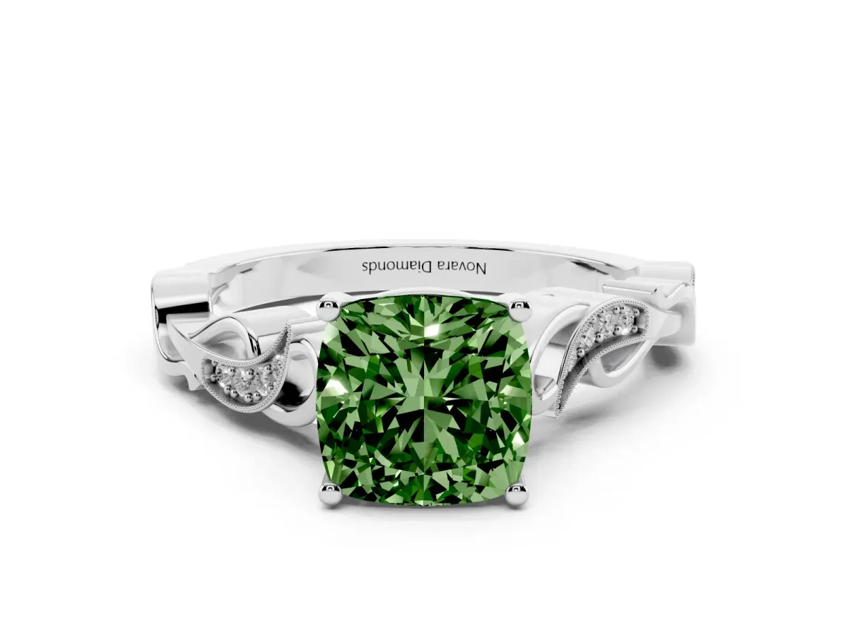 Fancy Green Cushion Cut Diamond Vine Band Solitaire Ring Set in Silver with Milgrain Prong Setting