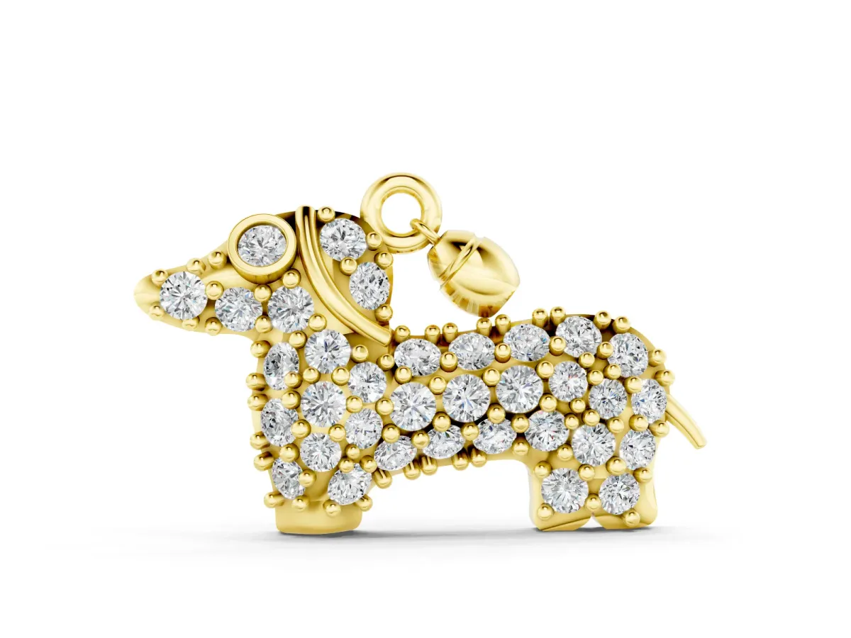 Pavé Round Diamond Dachshund Pendant Set in Yellow gold with Prong Setting
