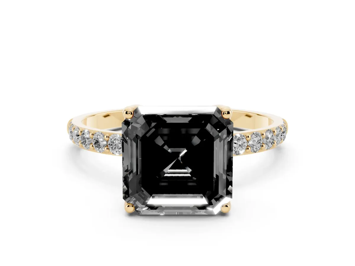 Fancy Black Asscher Cut Diamond Solitaire Engagement Ring Set in Yellow gold with Round Pavé Band and Prong Setting