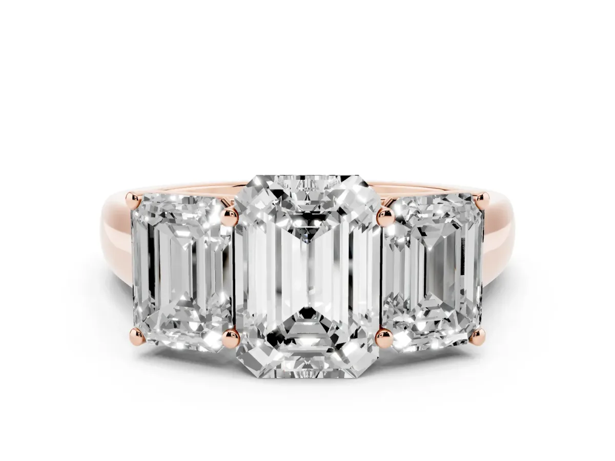 Emerald Cut Diamond Three-Stone Ring Set in Rose gold with Plain Polished Band