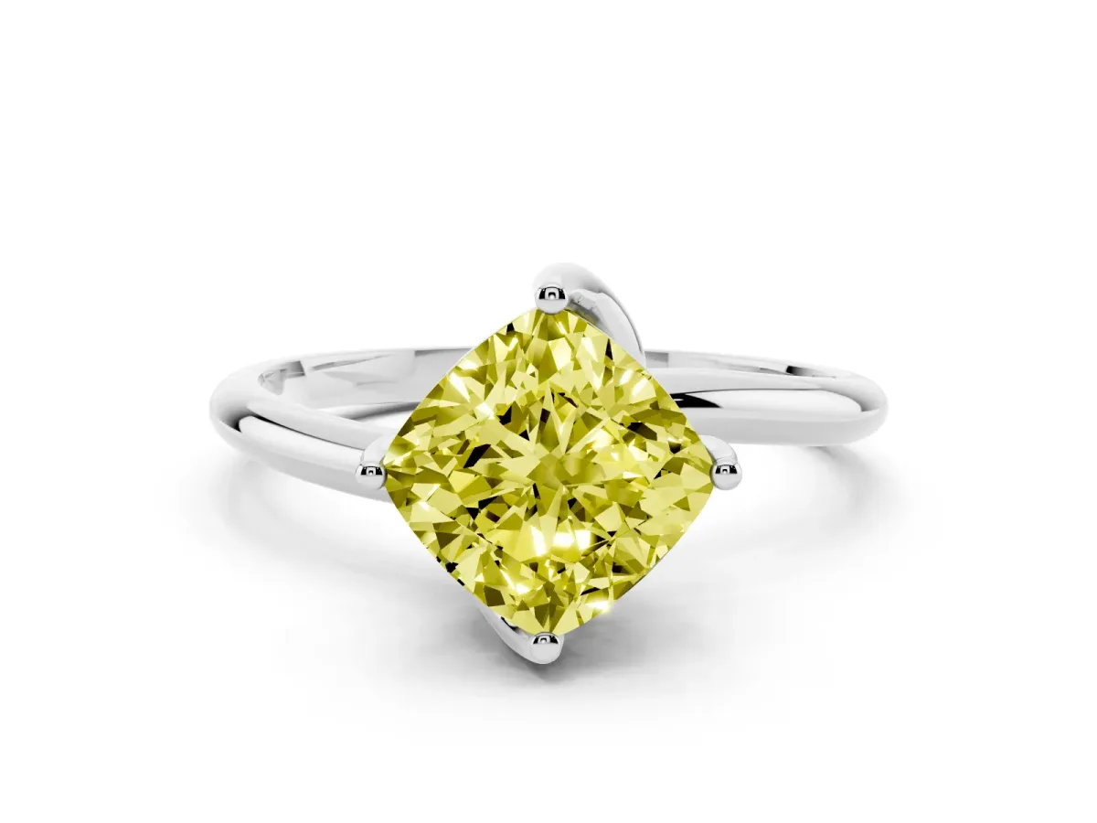 Fancy Yellow Cushion Cut Diamond Solitaire Engagement Ring Set in Platinum with Classic Plain Band