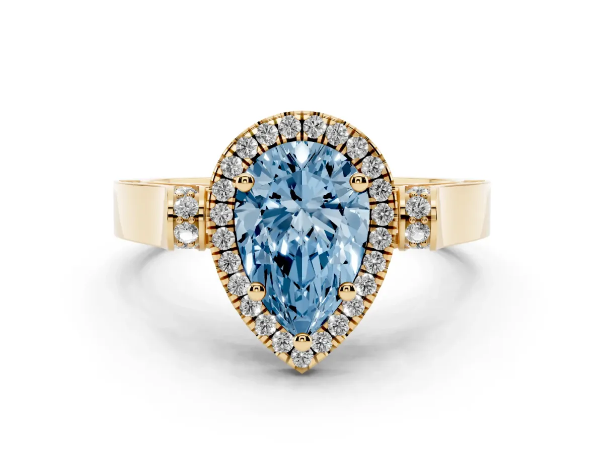 Fancy Blue Pear Cut Diamond Halo Ring Set in Yellow gold with Pavé-Lined Split Shank Band