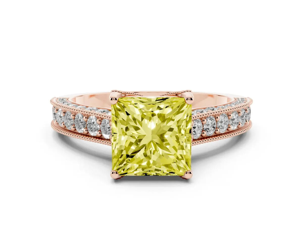 Fancy Yellow Princess Cut Diamond Solitaire Ring Set in Rose gold with Milgrain-Edged Pavé Band and Prong Setting