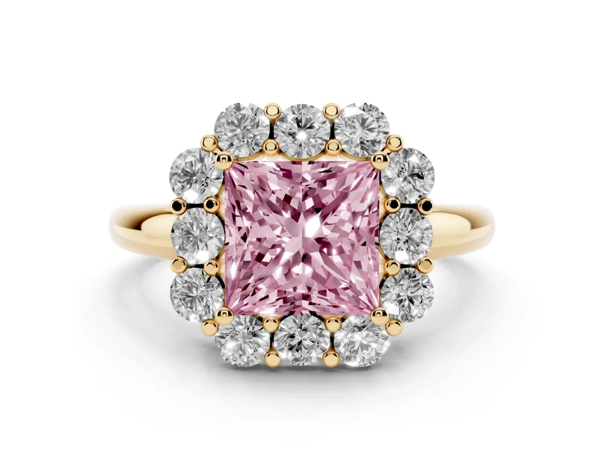 Fancy Pink Princess Cut Diamond Milgrain Halo Solitaire Ring Set in Yellow gold with Bezel Set Side Stones and Pavé Band