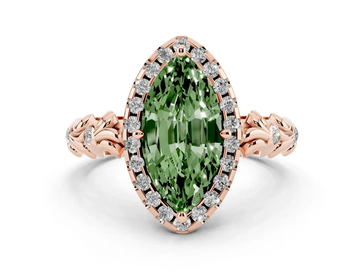 Fancy Green Marquise Cut Diamond Halo Ring Set in Rose gold with Filigree Leaf Band and Prong Setting
