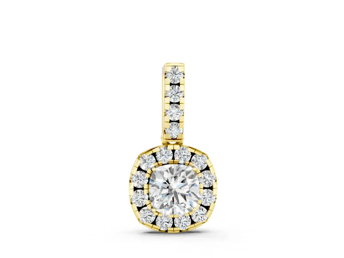 Cushion Cut Diamond Halo Pendant Set in Yellow gold with Four-Prong Center