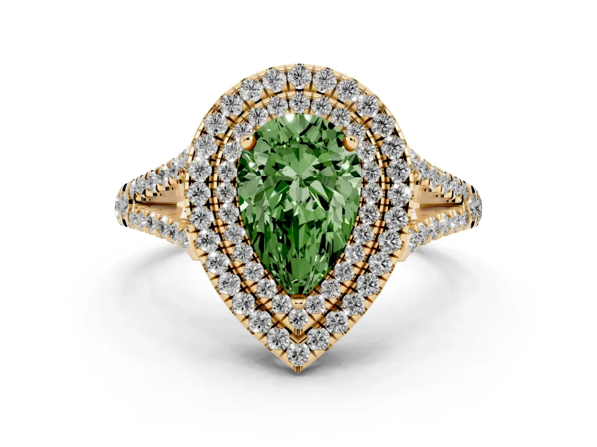 Fancy Green Pear Cut Diamond Double Halo Ring Set in Yellow gold with Pavé Band