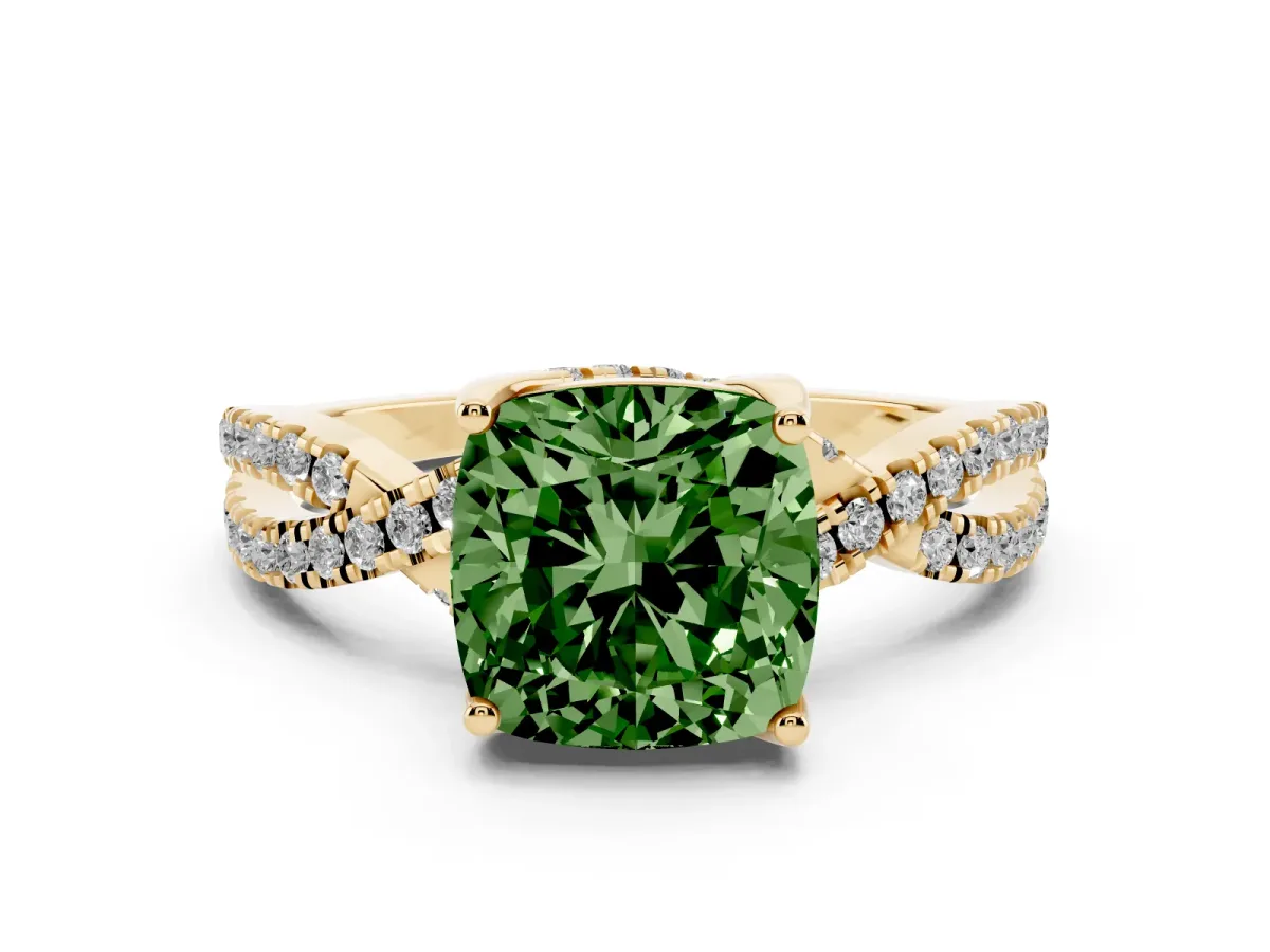 Fancy Green Cushion Cut Diamond Twist Pavé Solitaire Engagement Ring Set in Yellow gold with Prong Setting