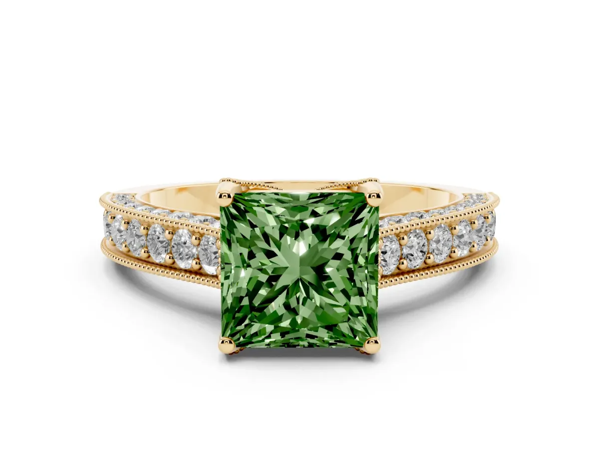 Fancy Green Princess Cut Diamond Solitaire Ring Set in Yellow gold with Milgrain-Edged Pavé Band and Prong Setting