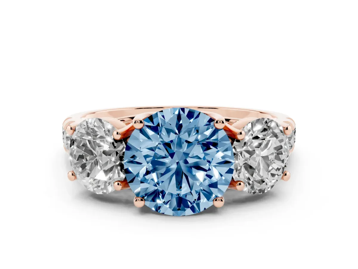 Fancy Blue Round Cut Diamond Three-Stone Ring Set in Rose gold with Pavé Band