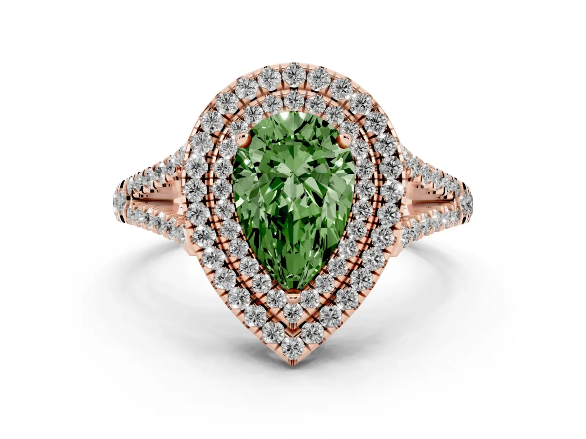 Fancy Green Pear Cut Diamond Double Halo Ring Set in Rose gold with Pavé Band