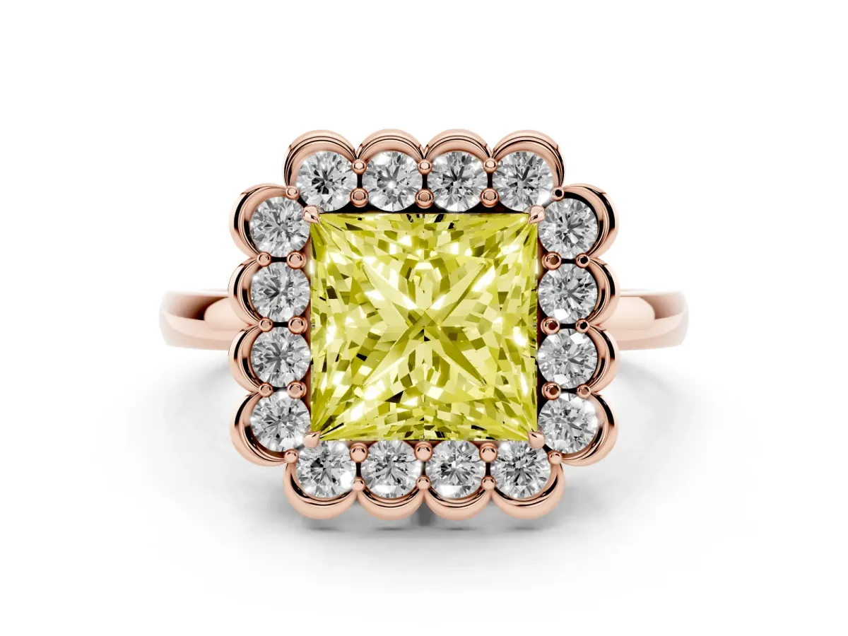 Fancy Yellow Princess Cut Diamond Halo Cluster Engagement Ring Set in Rose gold with Solitaire Band and Prong Setting