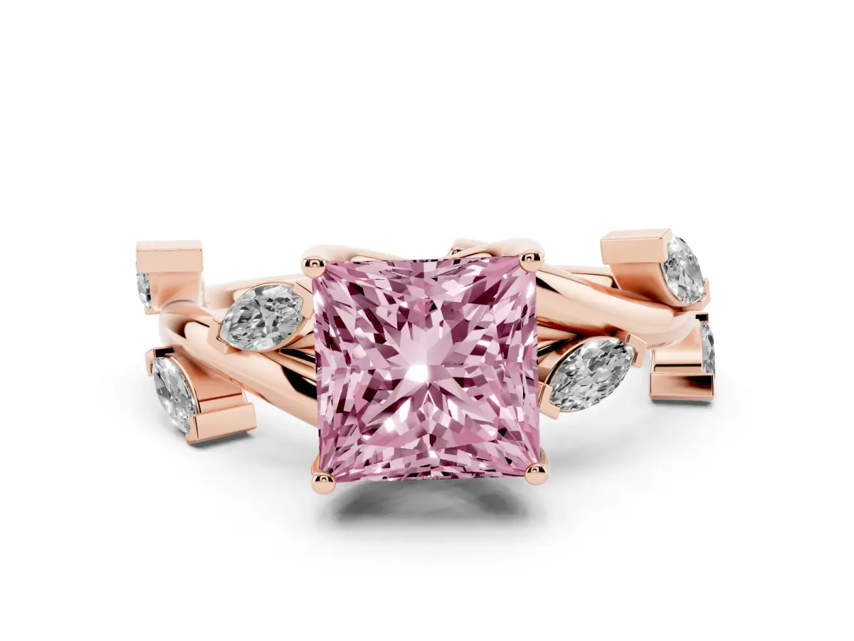 Fancy Pink Princess Cut Diamond Solitaire Ring Set in Rose gold with Twisted Marquise Accent Band