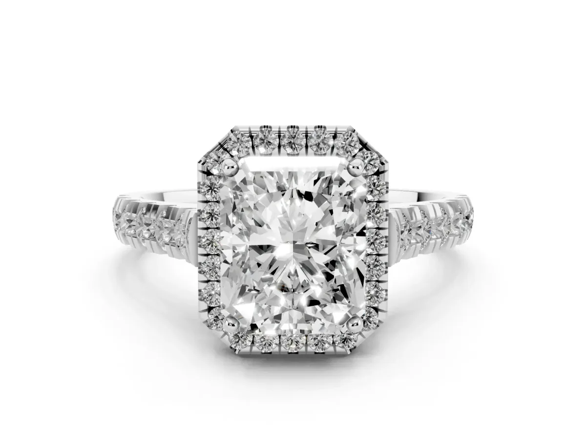 Radiant Cut Diamond Halo Engagement Ring Set in Platinum with Pavé Band and Prong-Set Center