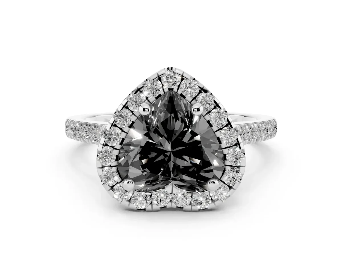 Fancy Black Heart Cut Diamond Cushion Halo Ring Set in White gold with Pavé Band