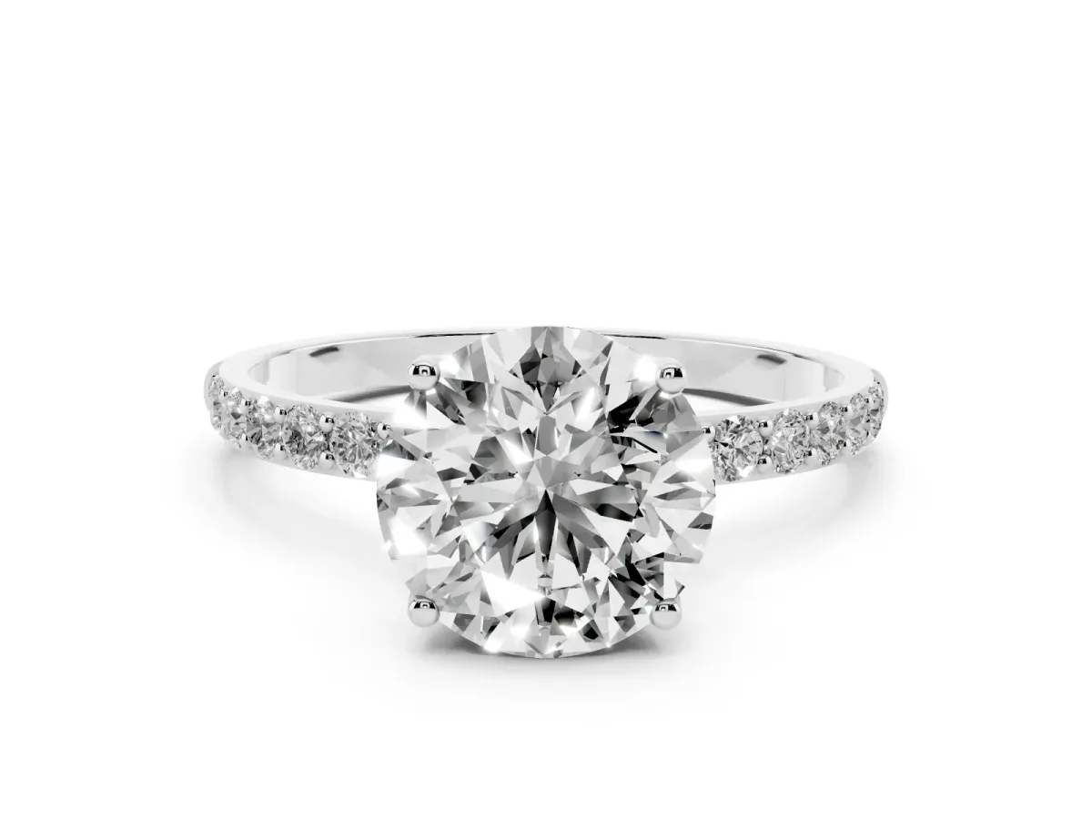 Round Cut Diamond Solitaire Engagement Ring Set in Silver with Round Pavé Band and Prong Setting