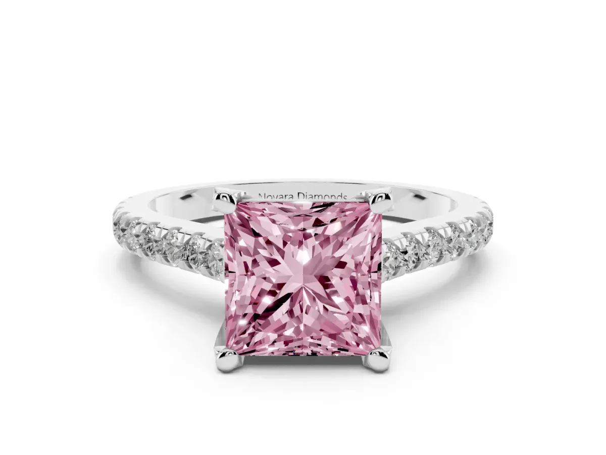 Fancy Pink Princess Cut Diamond Solitaire Ring Set in Platinum with Brilliant Pavé Band and Prong Setting