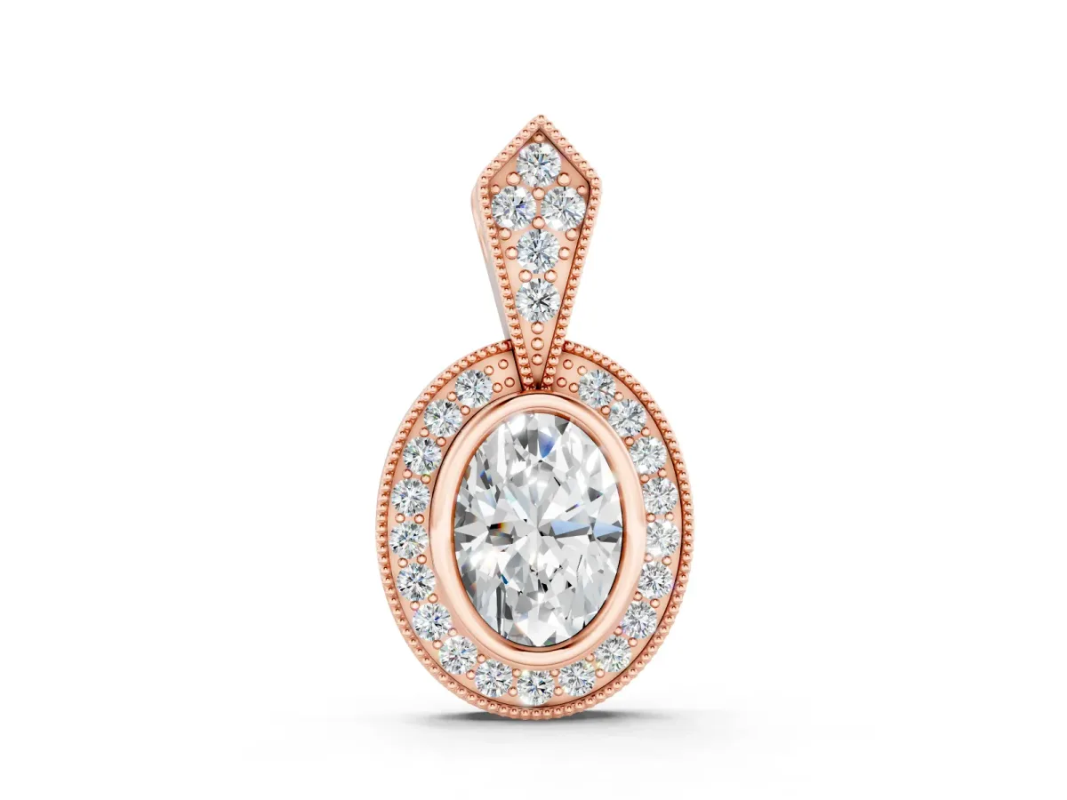 Oval Diamond Halo Pendant Set in Rose gold with Pavé-Set Frame