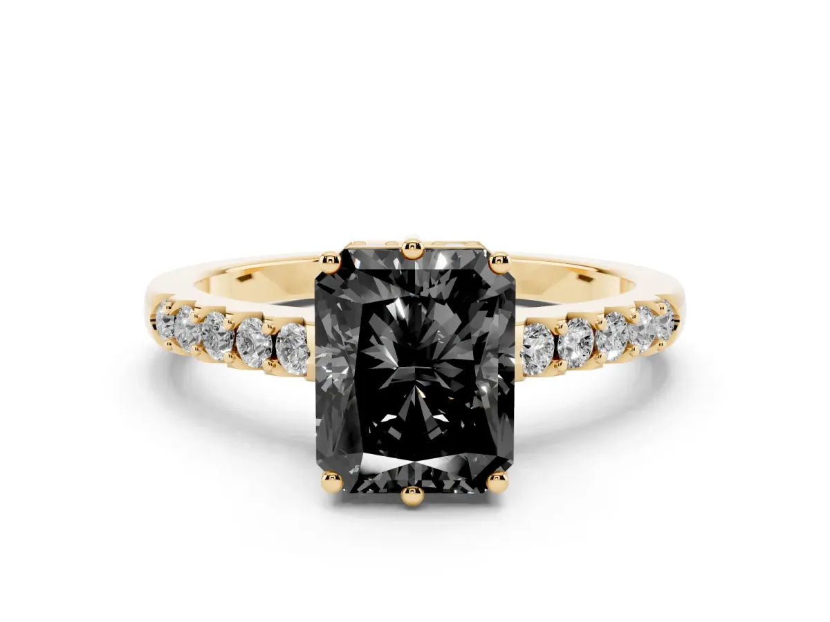 Fancy Black Radiant Cut Diamond Solitaire Engagement Ring Set in Yellow gold with Pavé Band and Prong Setting
