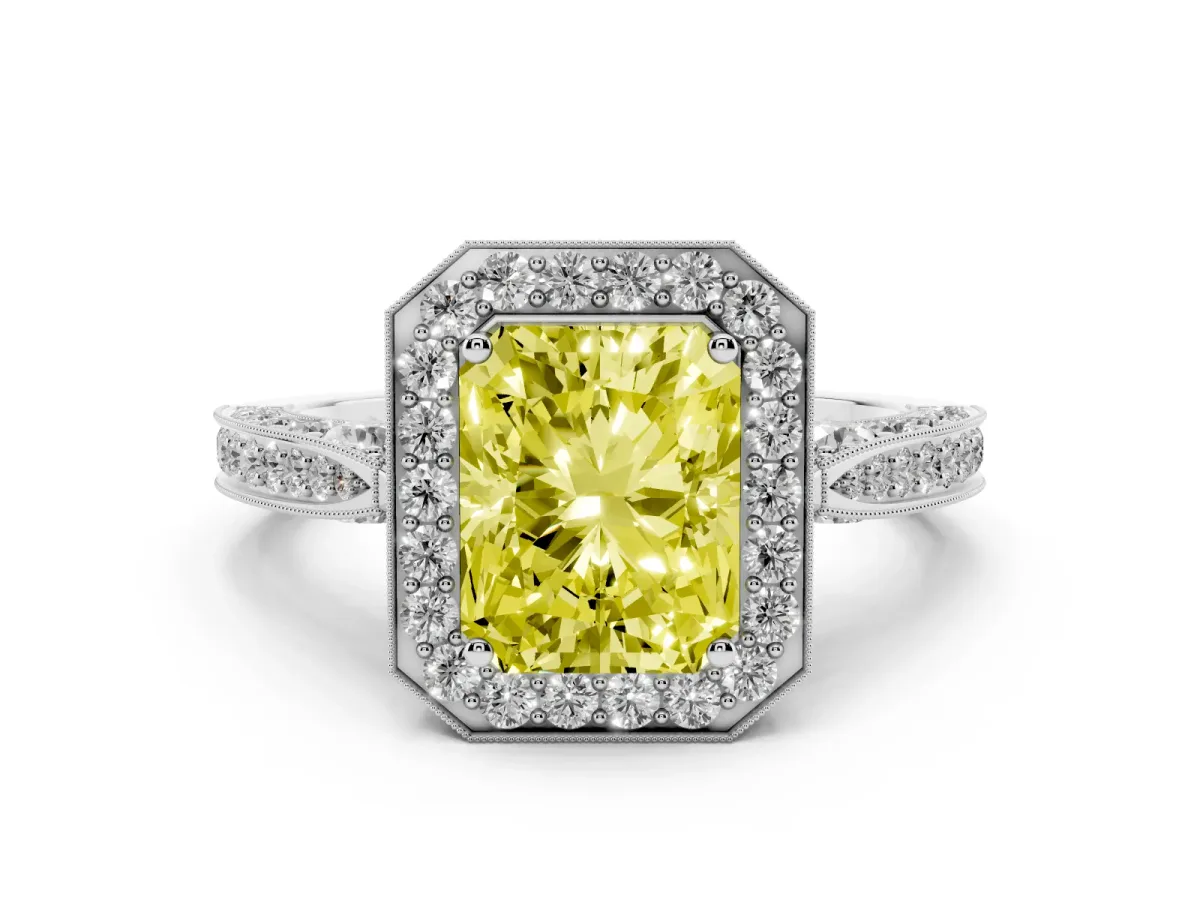 Fancy Yellow Radiant Cut Diamond Halo Engagement Ring Set in White gold with Accent Split Shank Band