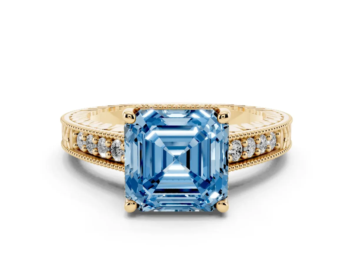 Fancy Blue Asscher Cut Diamond Solitaire Pavé Milgrain Engagement Ring Set in Yellow gold with Prong Setting
