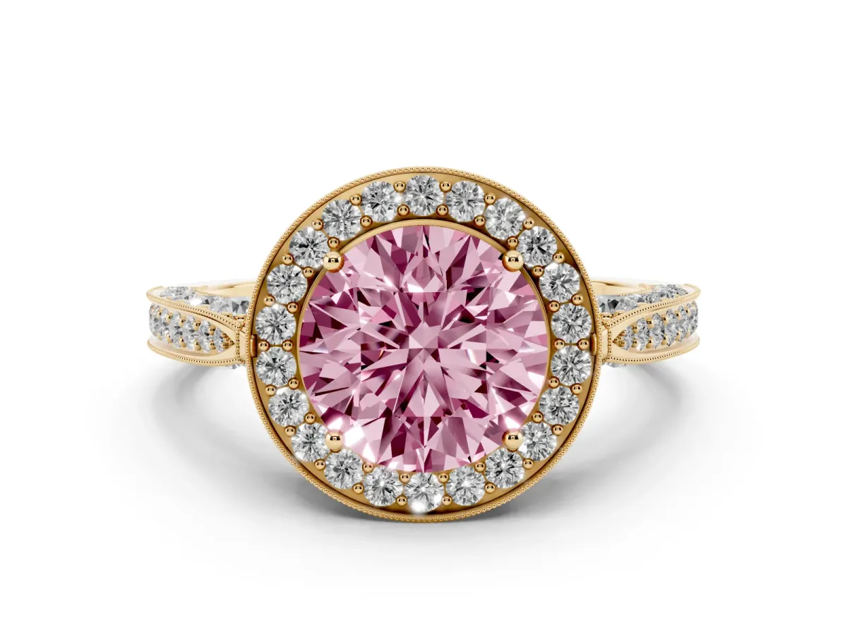 Fancy Pink Round Cut Diamond Halo Engagement Ring Set in Yellow gold with Accent Split Shank Band
