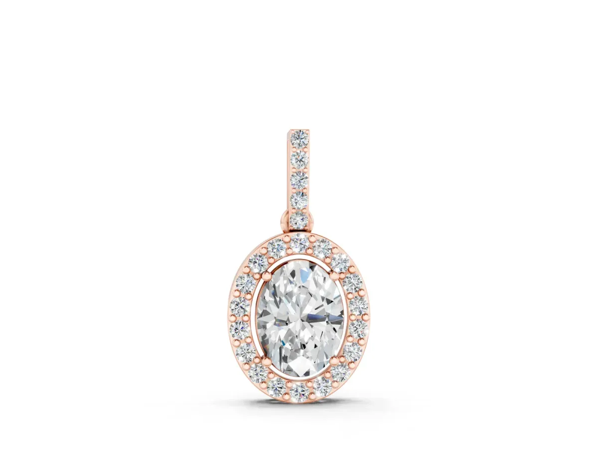 Oval Diamond Halo Pendant Set in Rose gold with Prong-Set Centerpiece