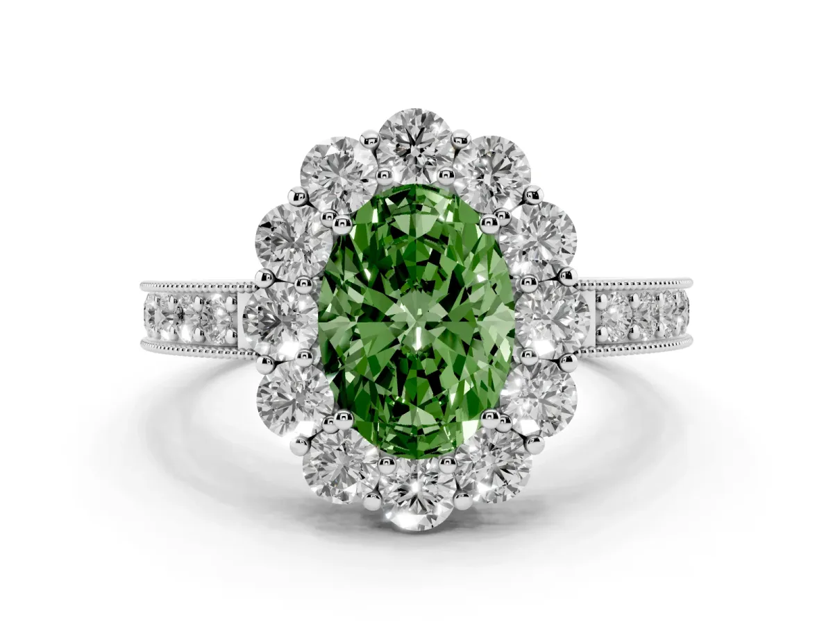 Fancy Green Oval Cut Diamond Halo Pavé Engagement Ring Set in White gold with Milgrain Detailing
