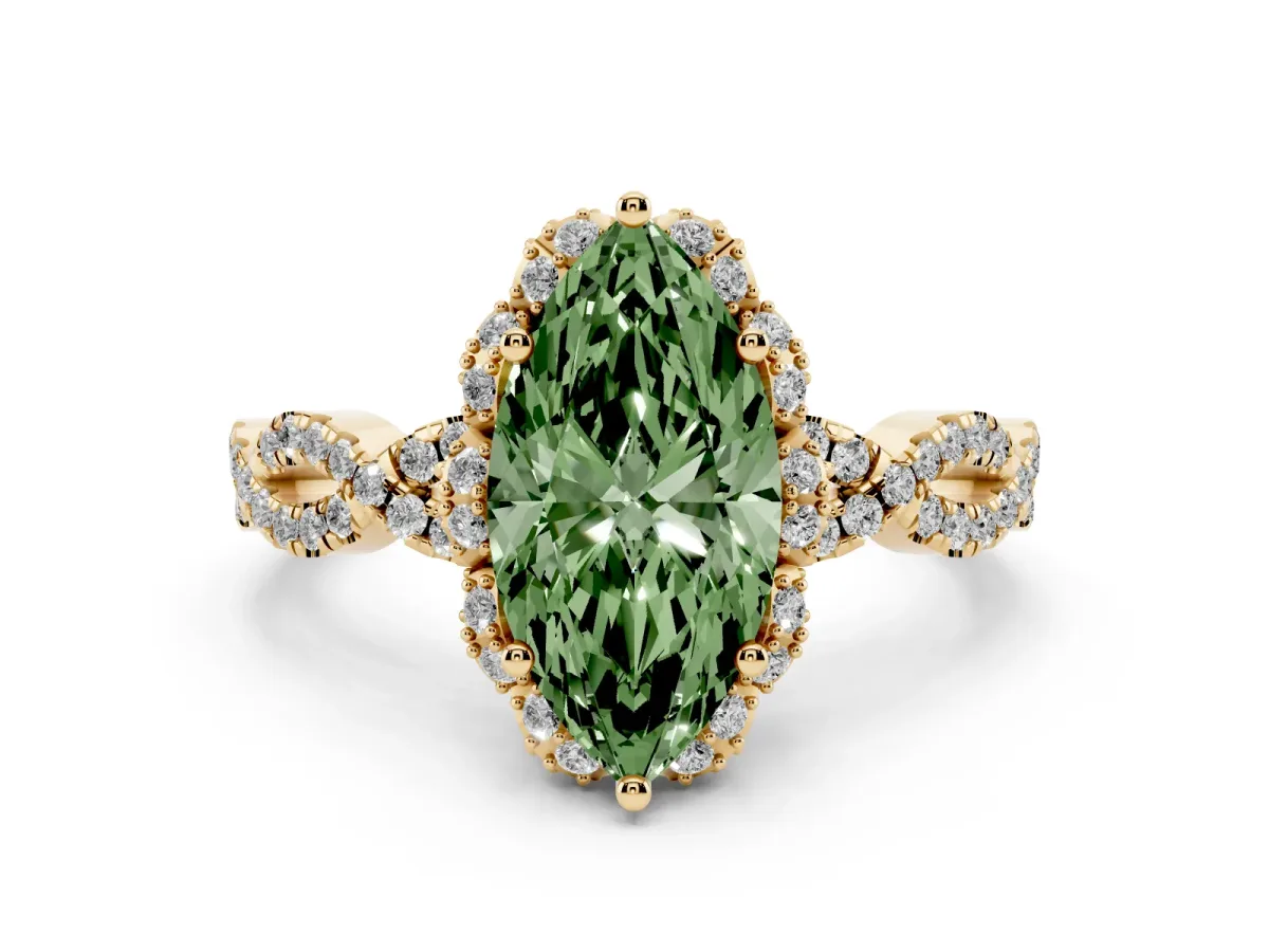Fancy Green Marquise Cut Diamond Halo Twist Band Solitaire Ring Set in Yellow gold with Prong-Set Center Stone